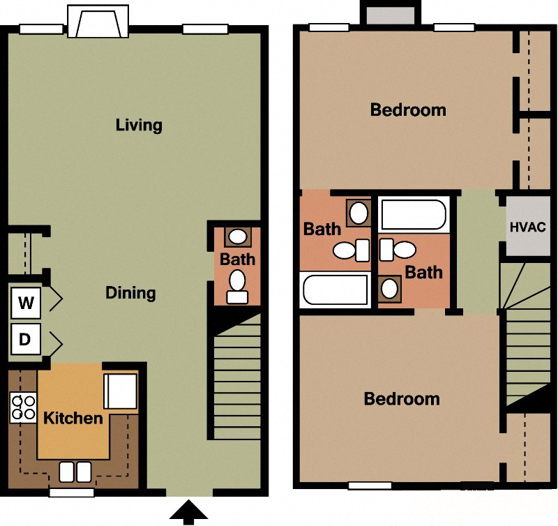 Floor plan for 2 beds, 2.5 baths, 1168 sqft